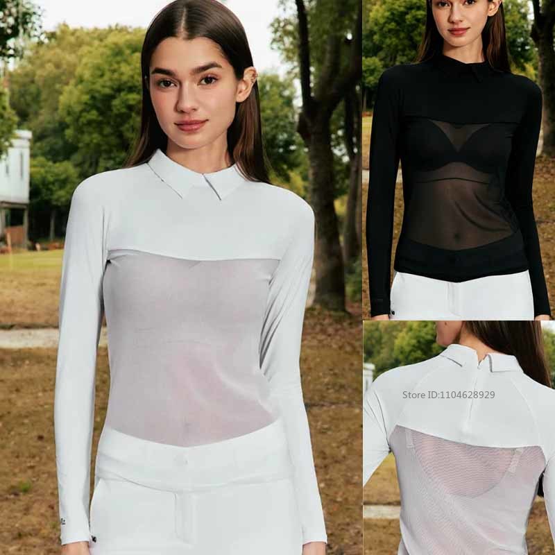 Golf Equipment Women - MG 女性ゴルフポロ襟 Tシャツアイスシルク日焼け止めベースシャツレディース長袖メッシュ冷却下着夏のスポーツトップ