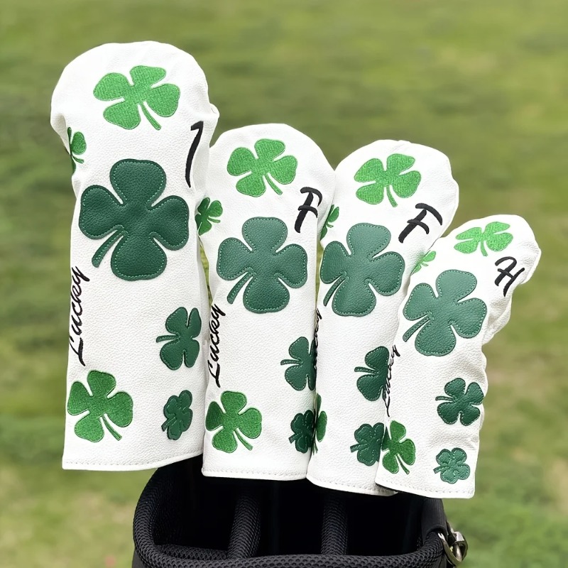 Golf Equipment Cabinet - スタイリッシュなクローバーゴルフクラブヘッドカバー - 耐久性のある白地に緑の四つ葉のクローバーデザイン、保護用クラブプロテクター
