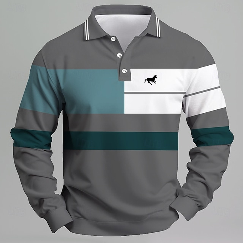 メンズ ストライプ柄 ユニコーンロゴ ポロシャツ - 長袖  - Golf Equipment Logo のレビューと価格